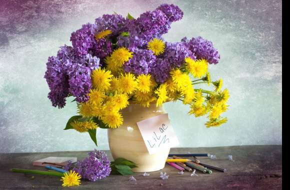 Dandelion Lilac Purple Flower Yellow Flower Vase Flower Photography Still Life