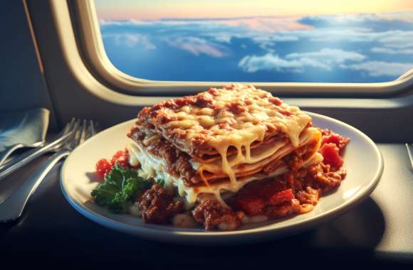 Delicious Lasagna on Airplane - HD Food Art Wallpaper