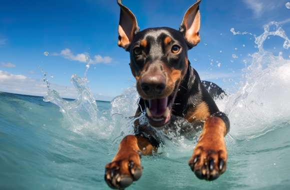 Doberman Pinscher In Water Wallpaper