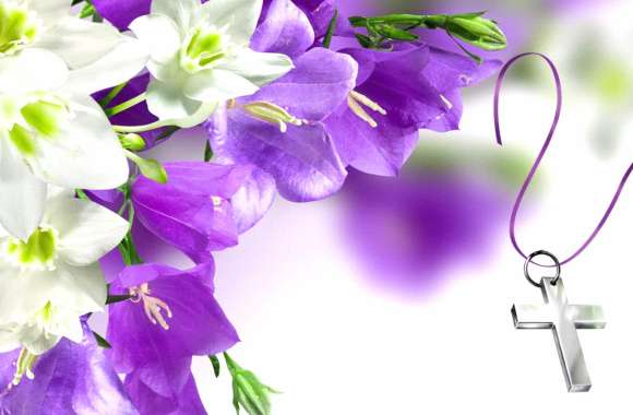 Easter Serenity of Purple and White Flowers with a Silver Cross
