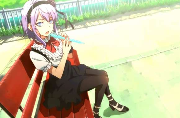 Eating Food Pantyhose Fence Bench Headband Skirt High Heels Blue Eyes Purple Hair Shidare Hotaru Anime Dagashi Kashi