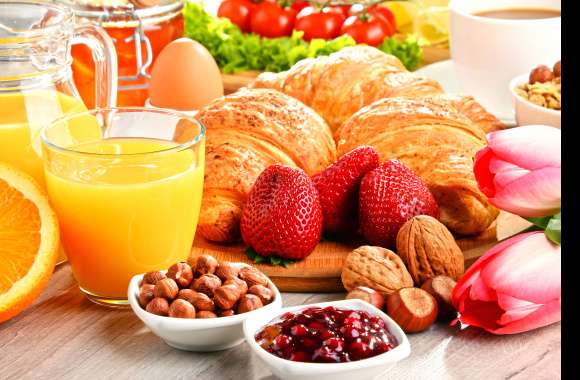 Egg Honey Jam Tulip Nut Orange (Color) Juice Strawberry Croissant Still Life Food Breakfast