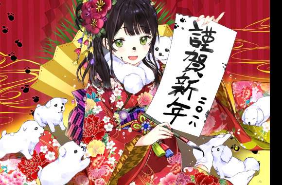 Elegant Anime in Japanese Attire with Puppies -