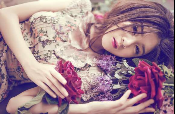 Elegant Asian Model with Flowers -