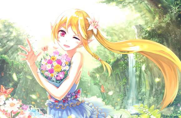 Elf Butterfly Red Eyes Long Hair Flower Blonde Anime Original