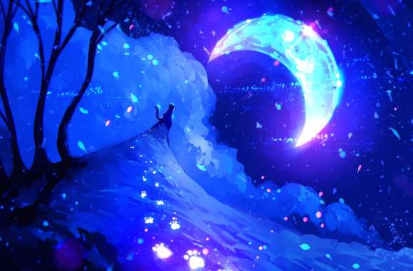 Enchanted Night Anime Cat and Moon -