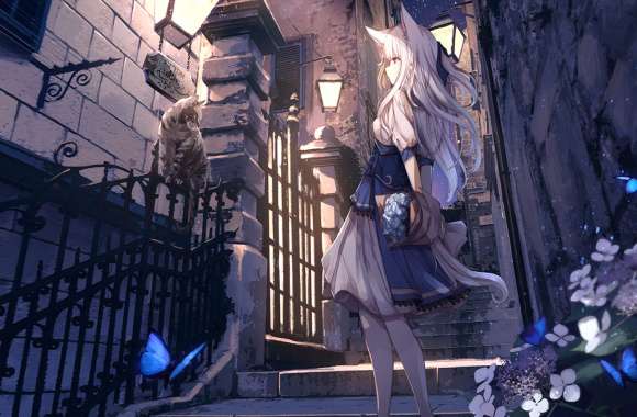 Enchanted Night Anime Girl with Cat -