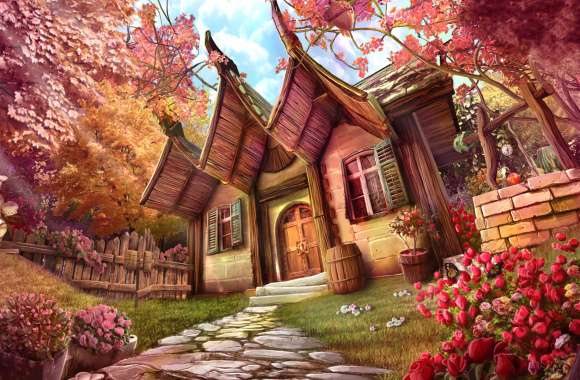 Enchanted Pathway A of Fantasy Flowers and a Charming House wallpapers hd quality