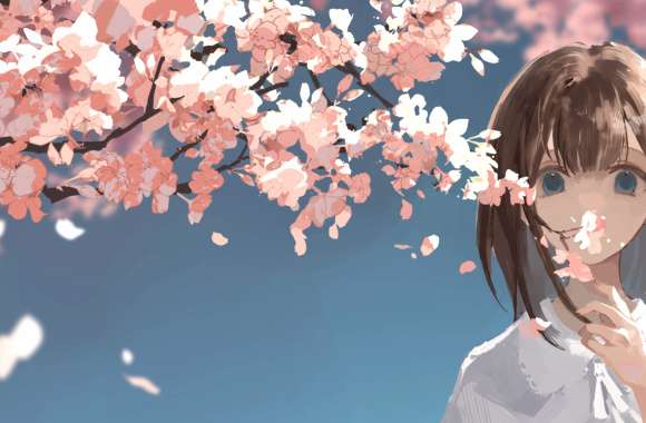 Enchanting Anime Girl with Cherry Blossoms - HD Painting Wallpaper