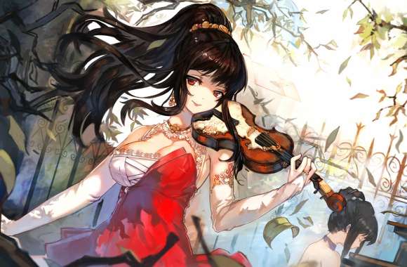 Enchanting Violin Melodies of a Red-Dressed Muse in Anime Splendor