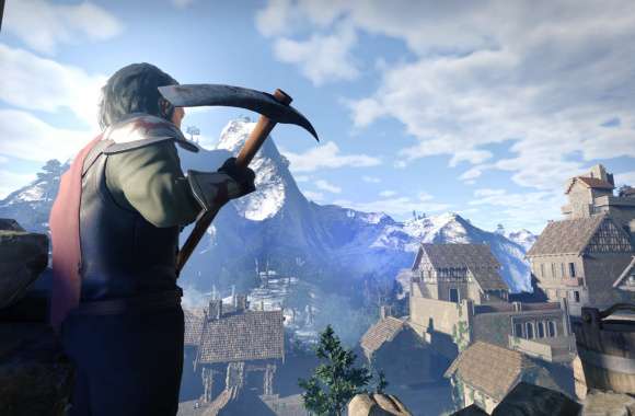 Enshrouded Warrior Gazing Over Fantasy Village - HD Video Game Wallpaper