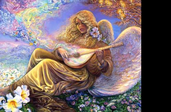 Fantasy Angel with Lute A Stunning of Wings and Flowers