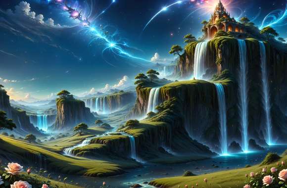 Fantasy Waterfall Nature Landscape Castle