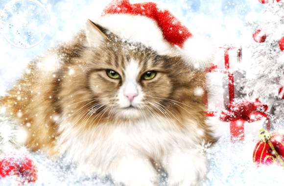 Festive Cat with Christmas Ornaments -