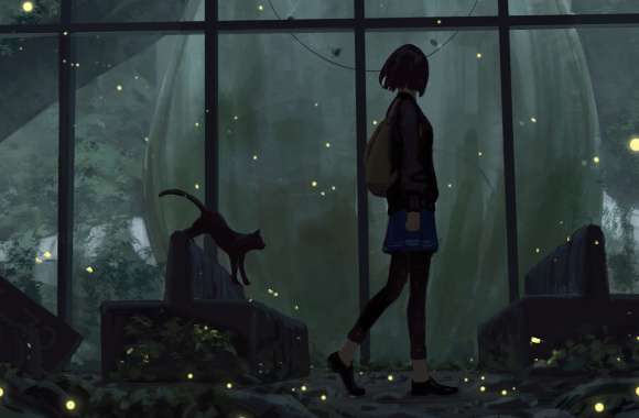 Firefly Night with Cat - HD Anime Wallpaper