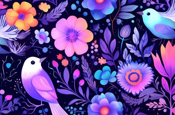 Flower Bird Pattern Cute Colorful