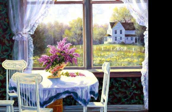 Flower Curtain Window Kitchen Artistic Painting Wallpaper