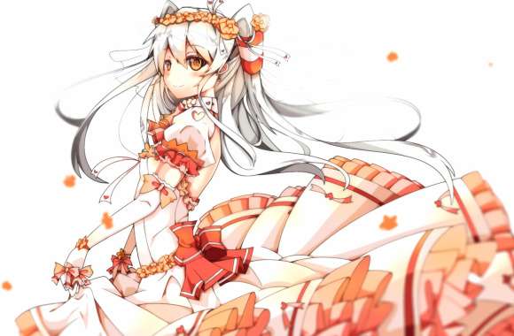 Flower Headdress Blush Smile Bow (Clothing) Dress Brown Eyes White Hair Long Hair Amatsukaze (Kancolle) Anime Kantai Collection