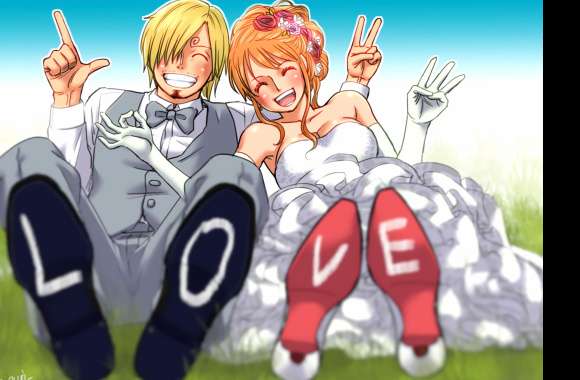 Flower Headdress Orange Hair Blonde Glove Blush Smile Groom Bride Sanji (One Piece) Nami (One Piece) Anime One Piece