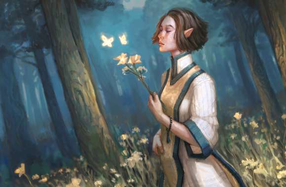 Forest Brown Hair Short Hair Flower Pointed Ears Fantasy Elf