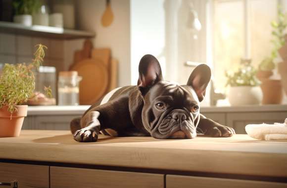 French Bulldog Relaxing in Sunlit Kitchen - HD Dog Wallpaper