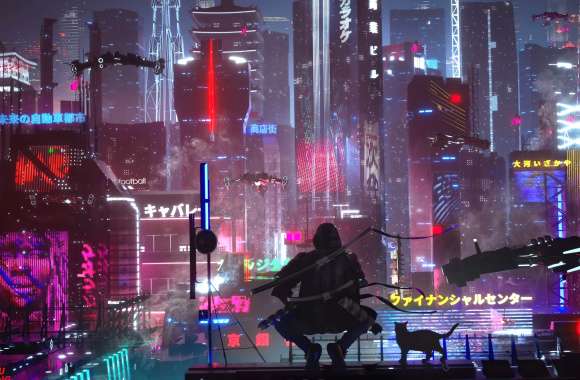 Futuristic Cyberpunk City with Cat - wallpapers hd quality
