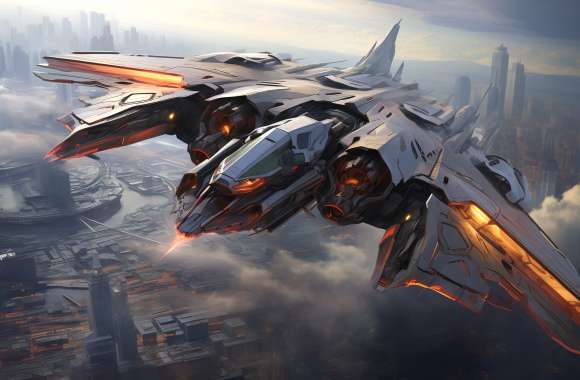 Futuristic Jet Aircraft Over Cityscape