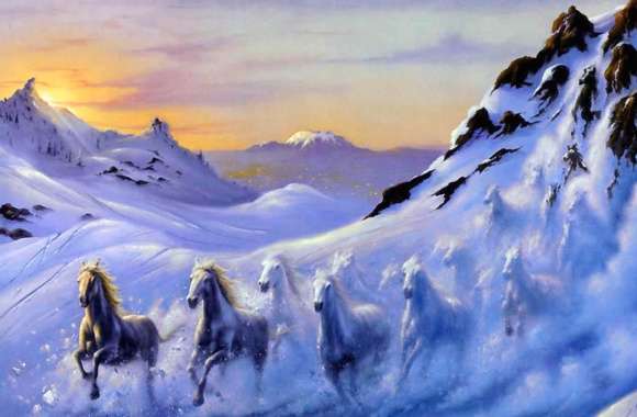 Galloping Horses in Snowy Avalanche -