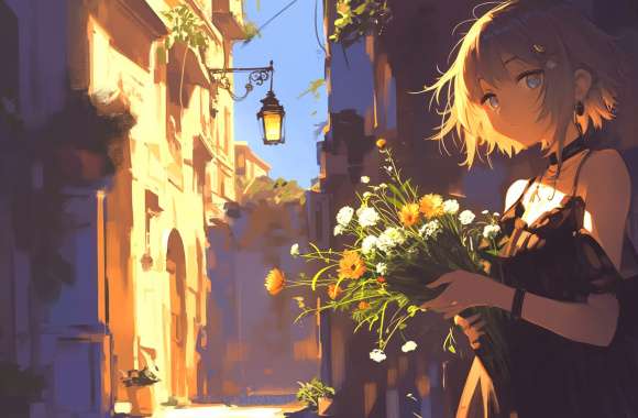 Girl Flower Black Dress Alley Anime Anime Girl