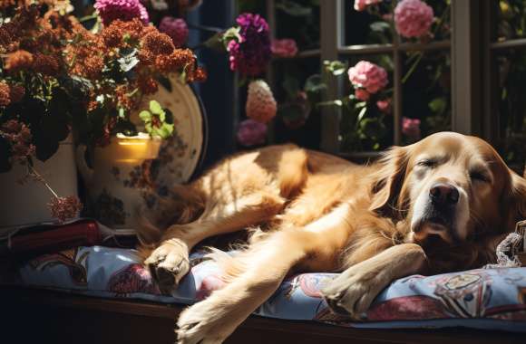 Golden Retriever Relaxing in Sunlit Room - HD Dog Wallpaper wallpapers hd quality
