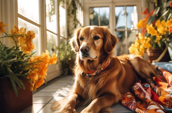 Golden Retriever Relaxing in Sunny Room