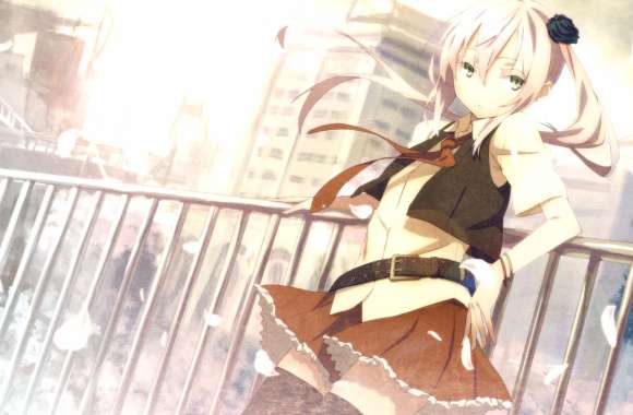 Green Eyes Long Hair City Flower Blonde Anime Original
