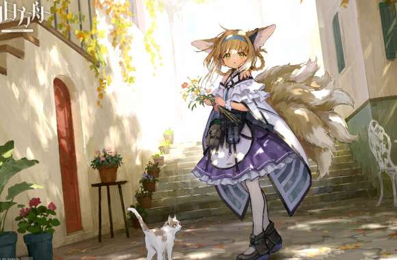 Green Eyes Tail Cat Blonde Animal Ears Suzuran (Arknights) Video Game Arknights