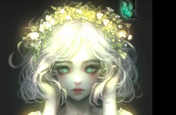 Green Eyes White House Face Butterfly Hair Flower Fantasy Woman wallpapers hd quality