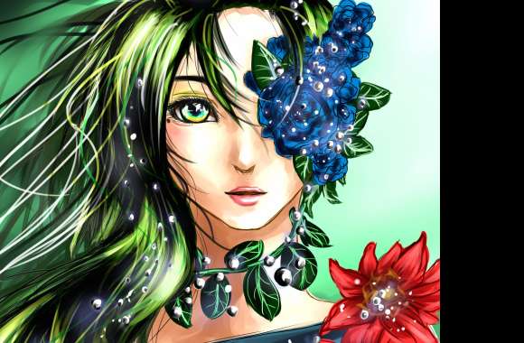 Green Hair Green Eyes Sparkles Leaf Flower Fantasy Fairy