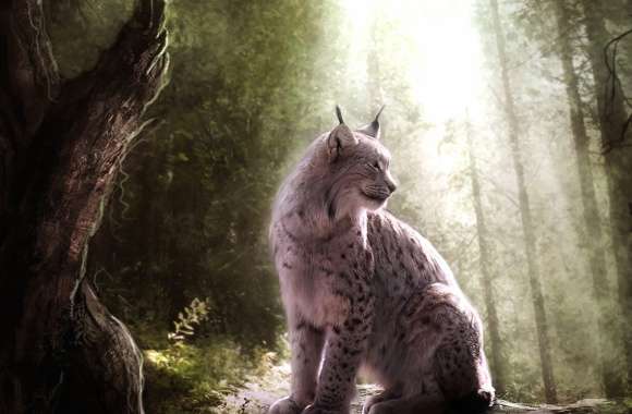 Green Tree Sunlight Forest Lynx Fantasy Cat