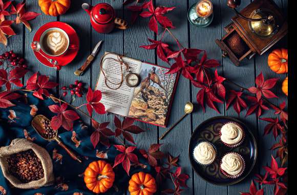 Grinder Pumpkin Berry Coffee Beans Cake Book Coffee Style Branch Leaf Food Still Life