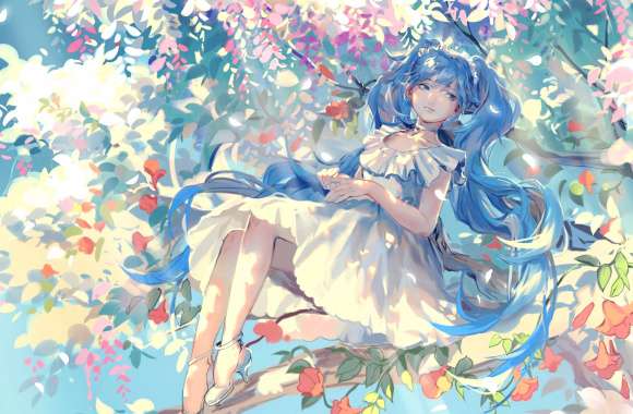 Hatsune Miku Serene Blue-Haired Beauty in Blossoms