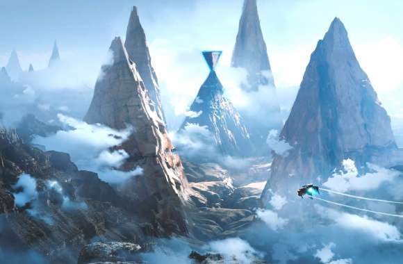 HD Sci-Fi Landscape A Vehicle in the Clouds Above Majestic Mountains