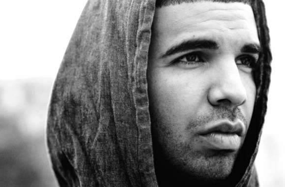 HD Wallpaper of Drake in Black & White Hooded Portrait