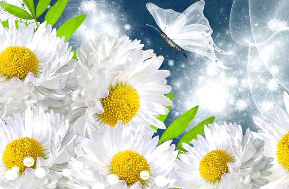 HD Wallpaper of Sparkling Daisies and Butterflies