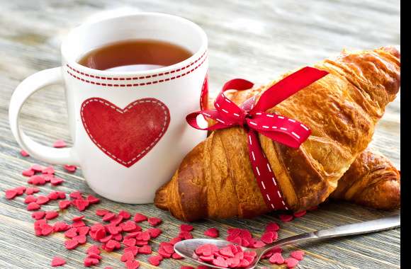 Heart Mug Tea Croissant Food Breakfast