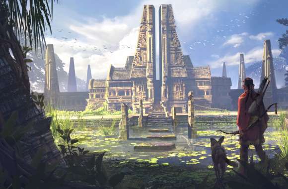 Hunter and Dog at Ancient Temple - HD Fantasy Wallpaper wallpapers hd quality