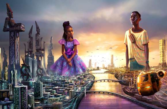 Iwájú Series HD Desktop Wallpaper – Futuristic Cityscape and Characters