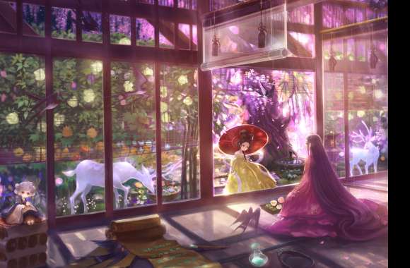 Kimono Brown Hair Purple Hair Flower Bird Long Hair Deer Umbrella Japanese Clothes Anime Original