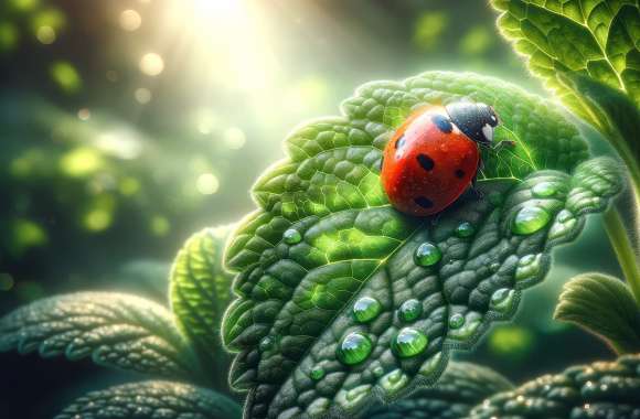 Ladybug on Dewy Leaves