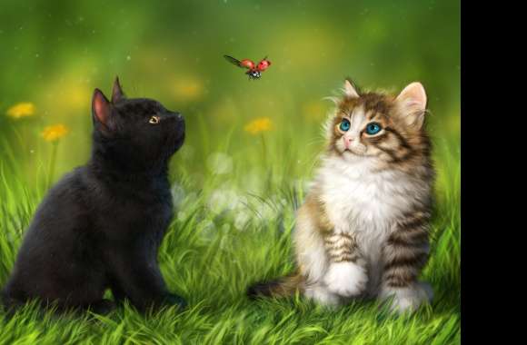 Ladybug Spring Grass Cute Kitten Painting Animal Cat Cute Cat wallpapers hd quality