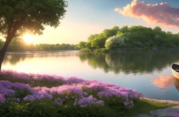 landscape nature water boat flowers tranquility calmness sunlight serene