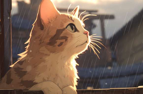 Lofi Style Anime Cat With Rain Wallpaper