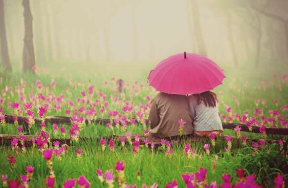 Love in Bloom A Romantic with Umbrellas and Flowers